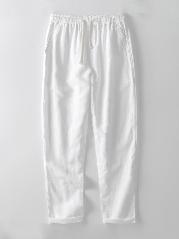 Men's Crochet V-Neck Polo & Straight Linen Pants Set