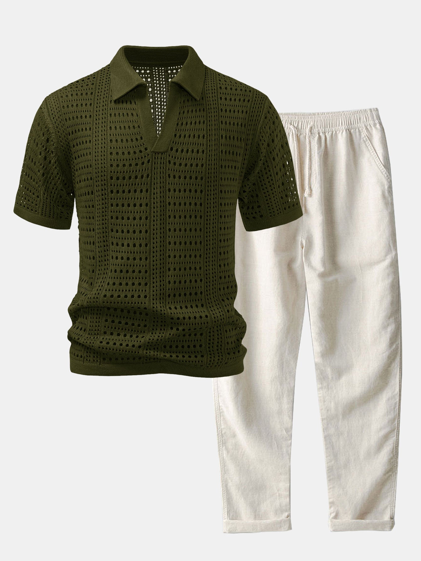 Men's Crochet V-Neck Polo & Straight Linen Pants Set