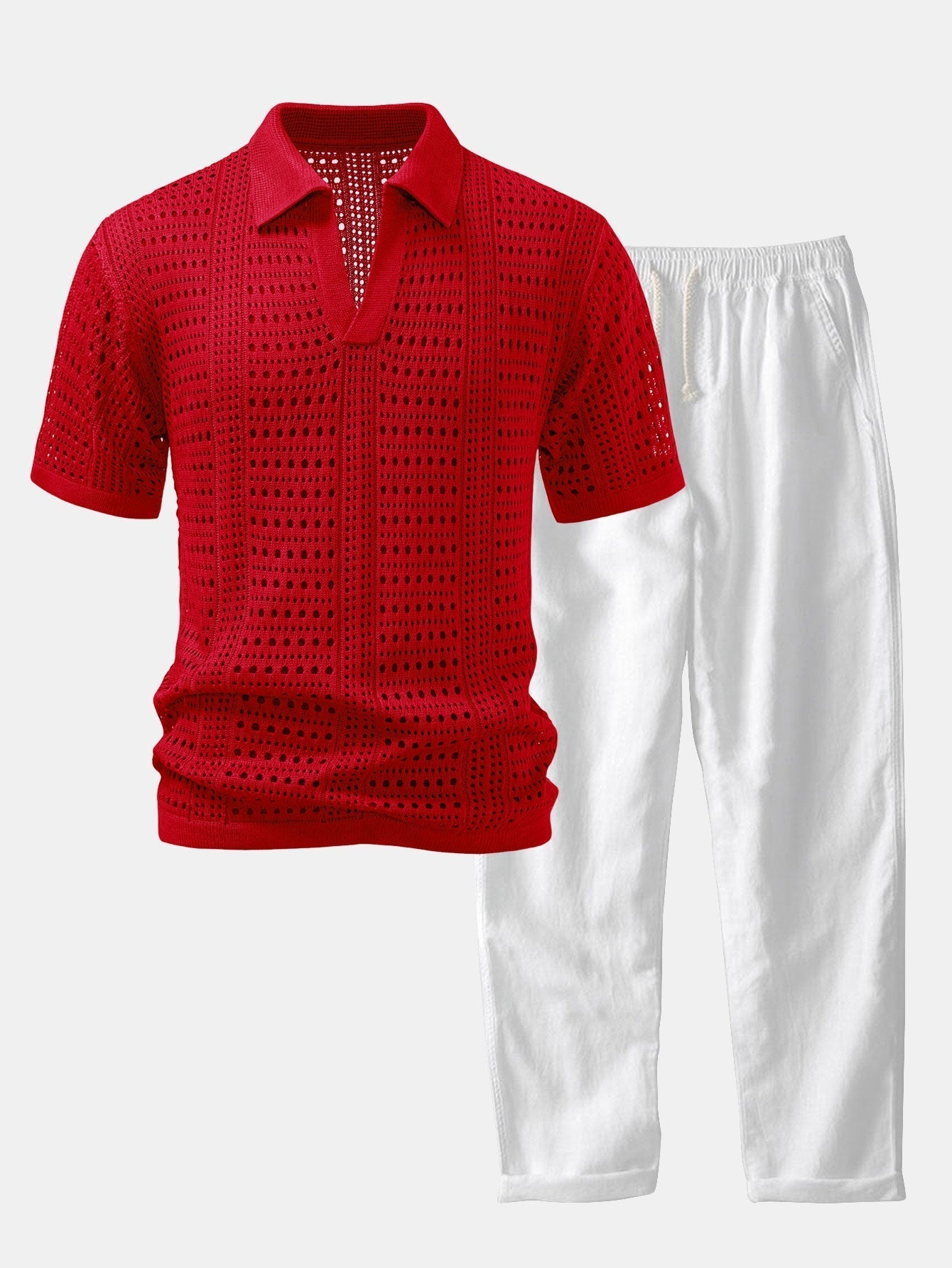 Men's Crochet V-Neck Polo & Straight Linen Pants Set