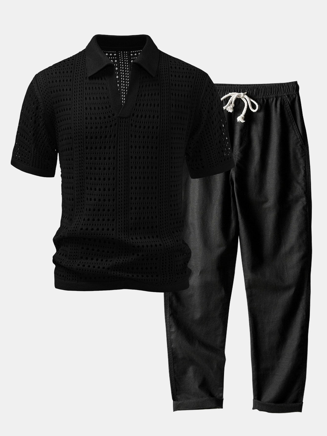 Men's Crochet V-Neck Polo & Straight Linen Pants Set