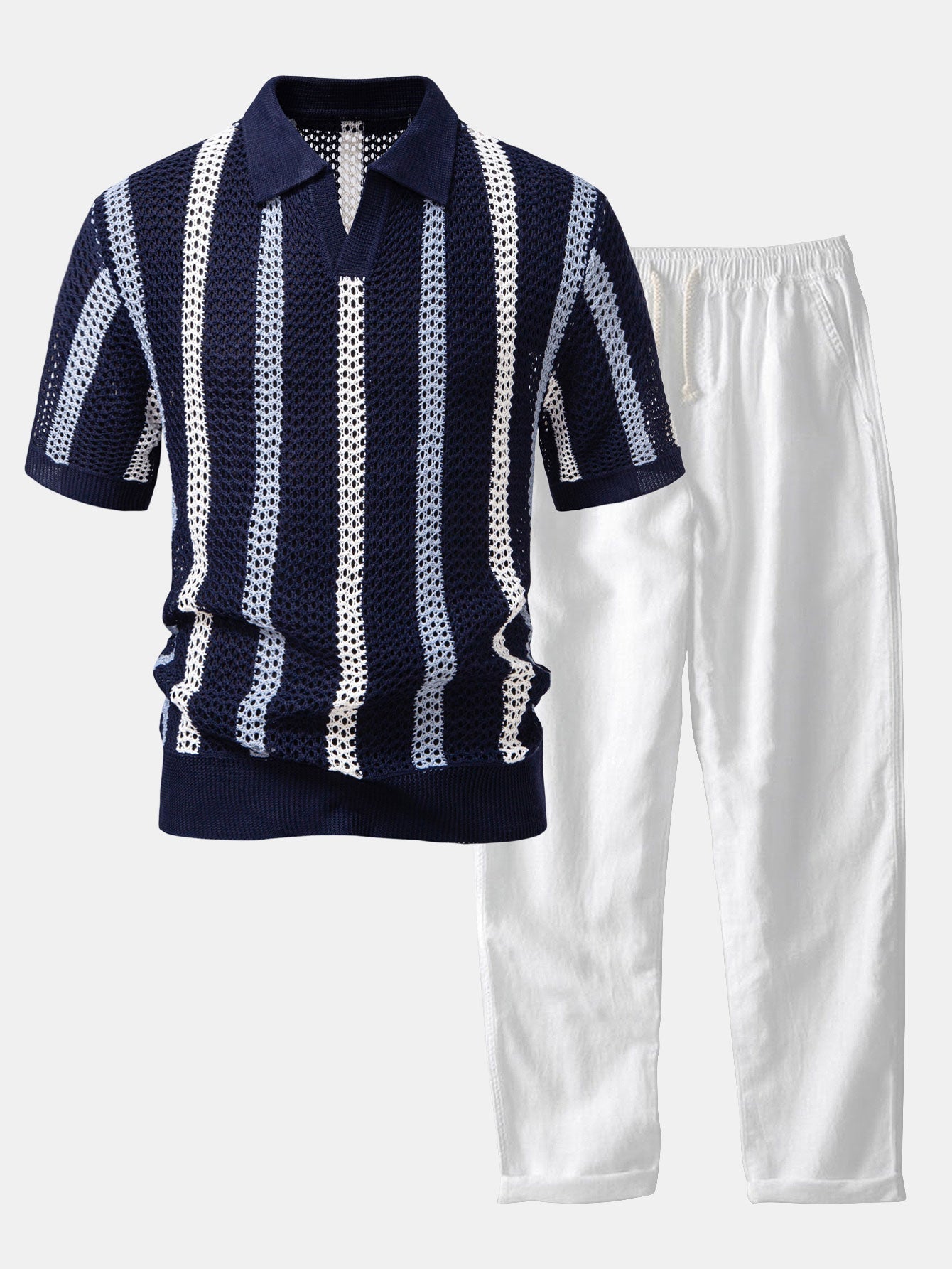 Men's Crochet Polo & Straight Linen Pants Set