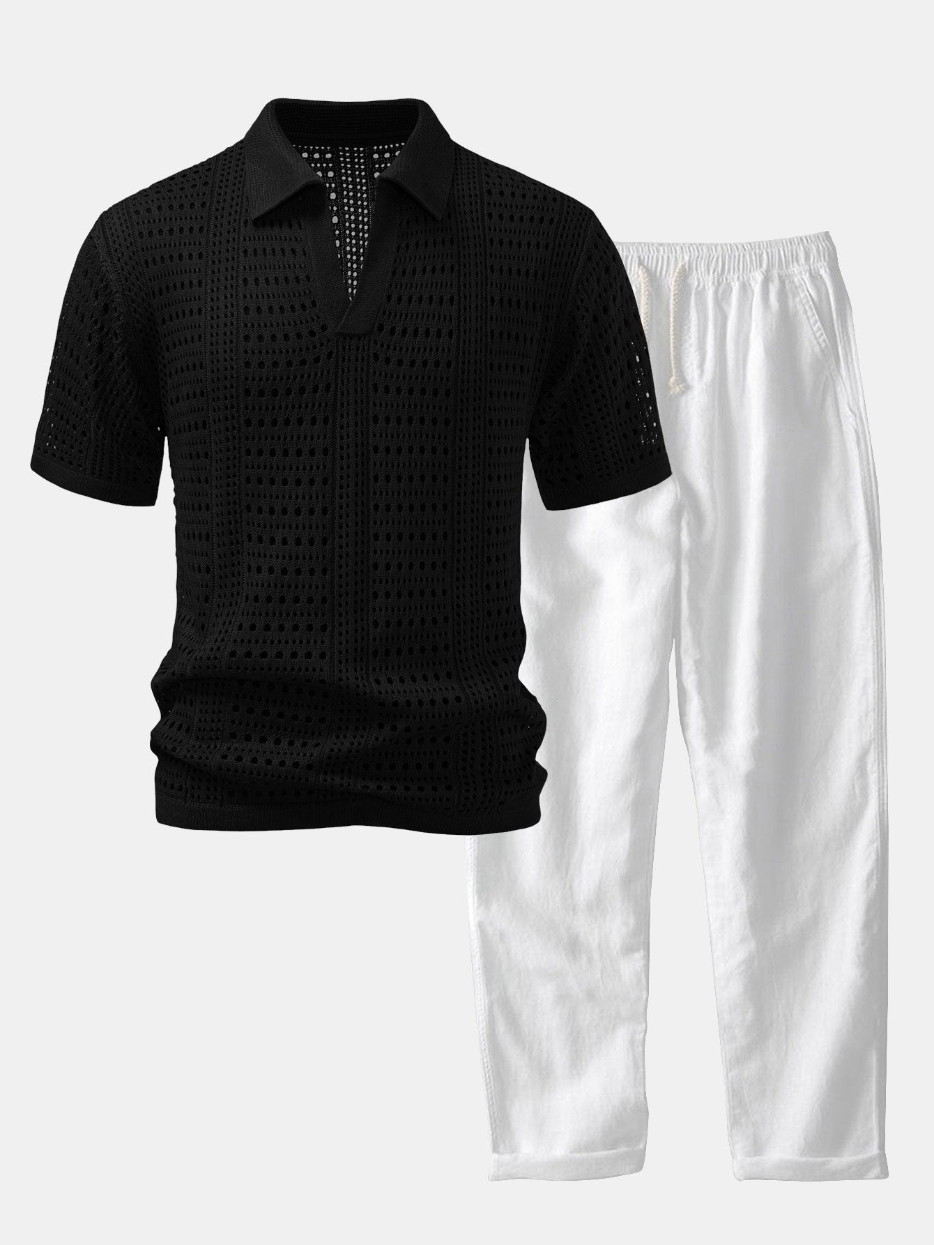 Men's Crochet V-Neck Polo & Straight Linen Pants Set