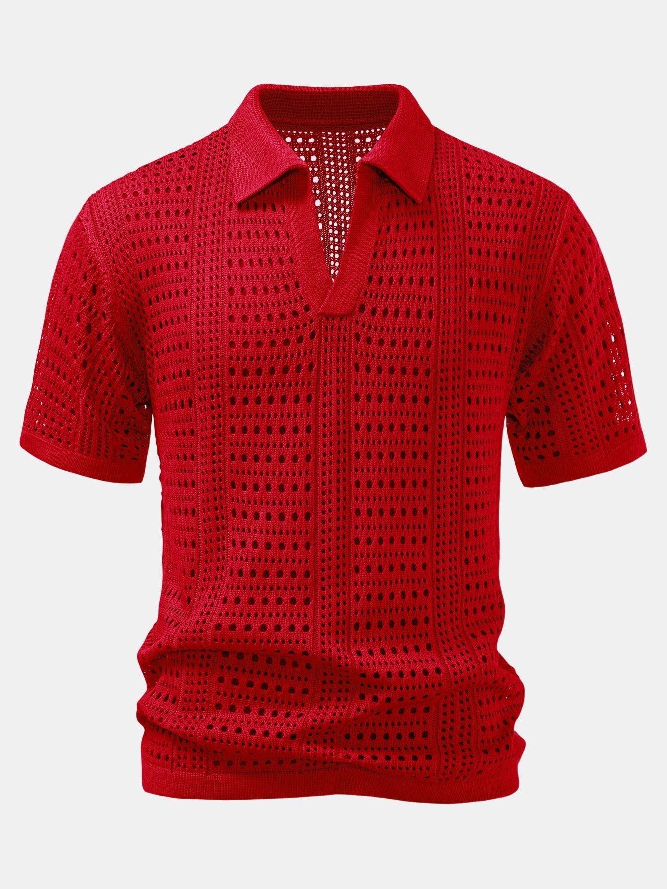 Men's Crochet V-Neck Polo & Straight Linen Pants Set