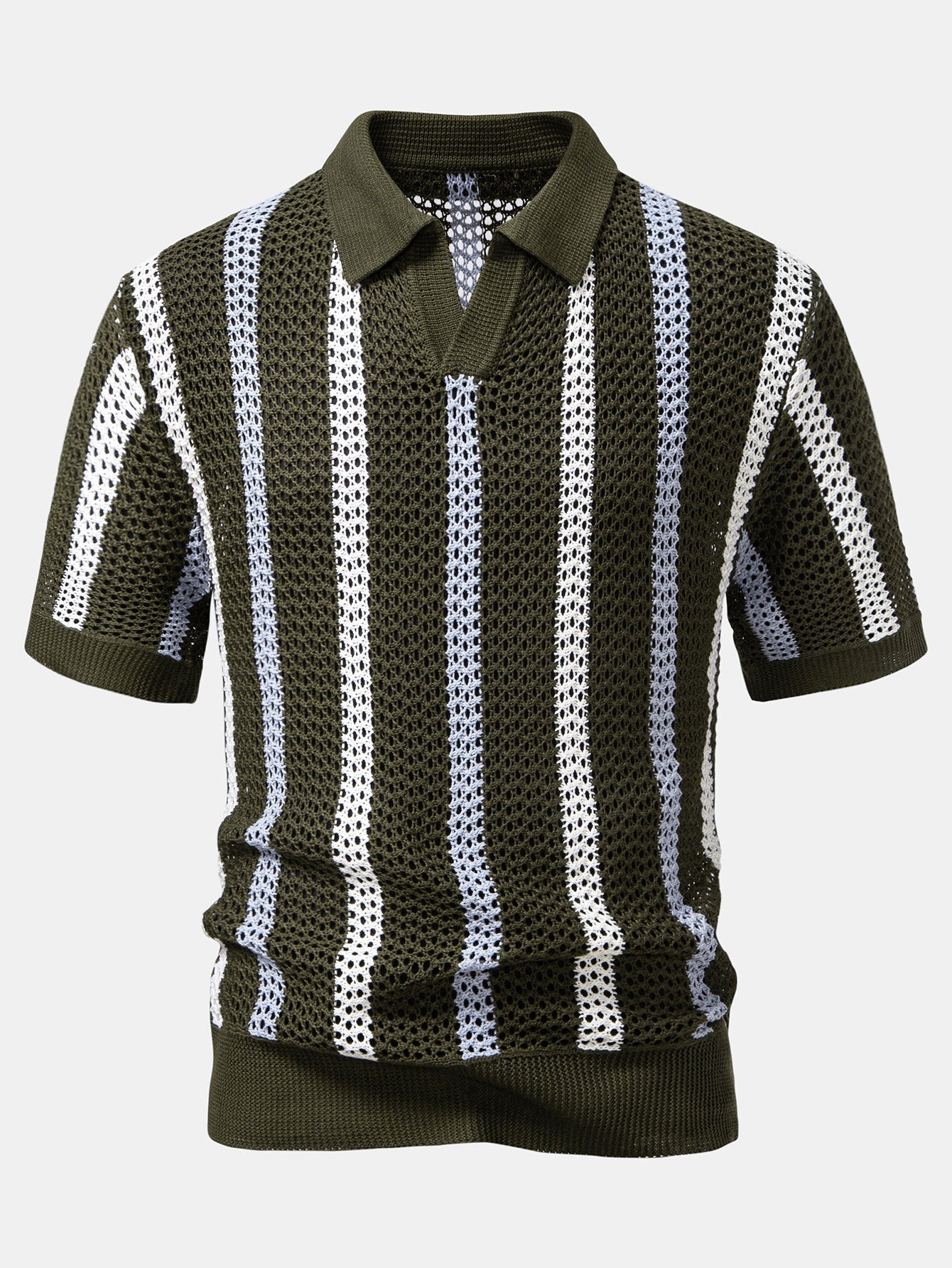 Men's Striped Crochet V-Neck Polo