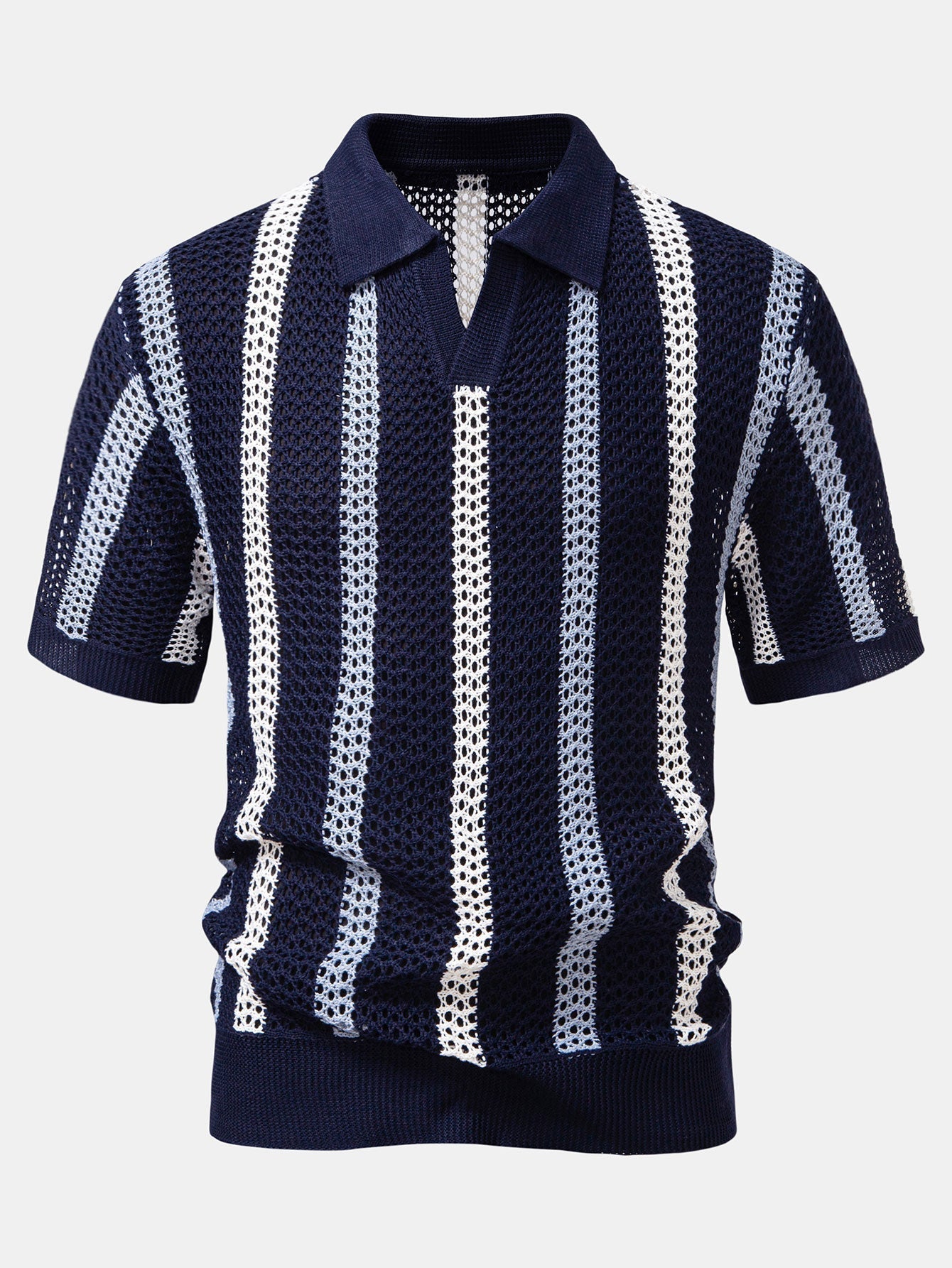 Men's Striped Crochet V-Neck Polo