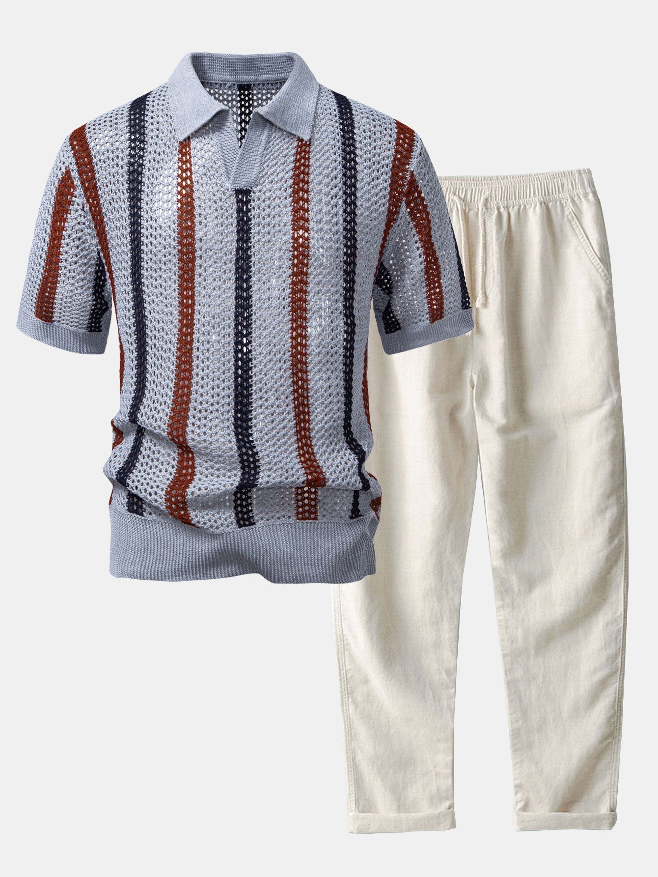 Men's Crochet Polo & Straight Linen Pants Set