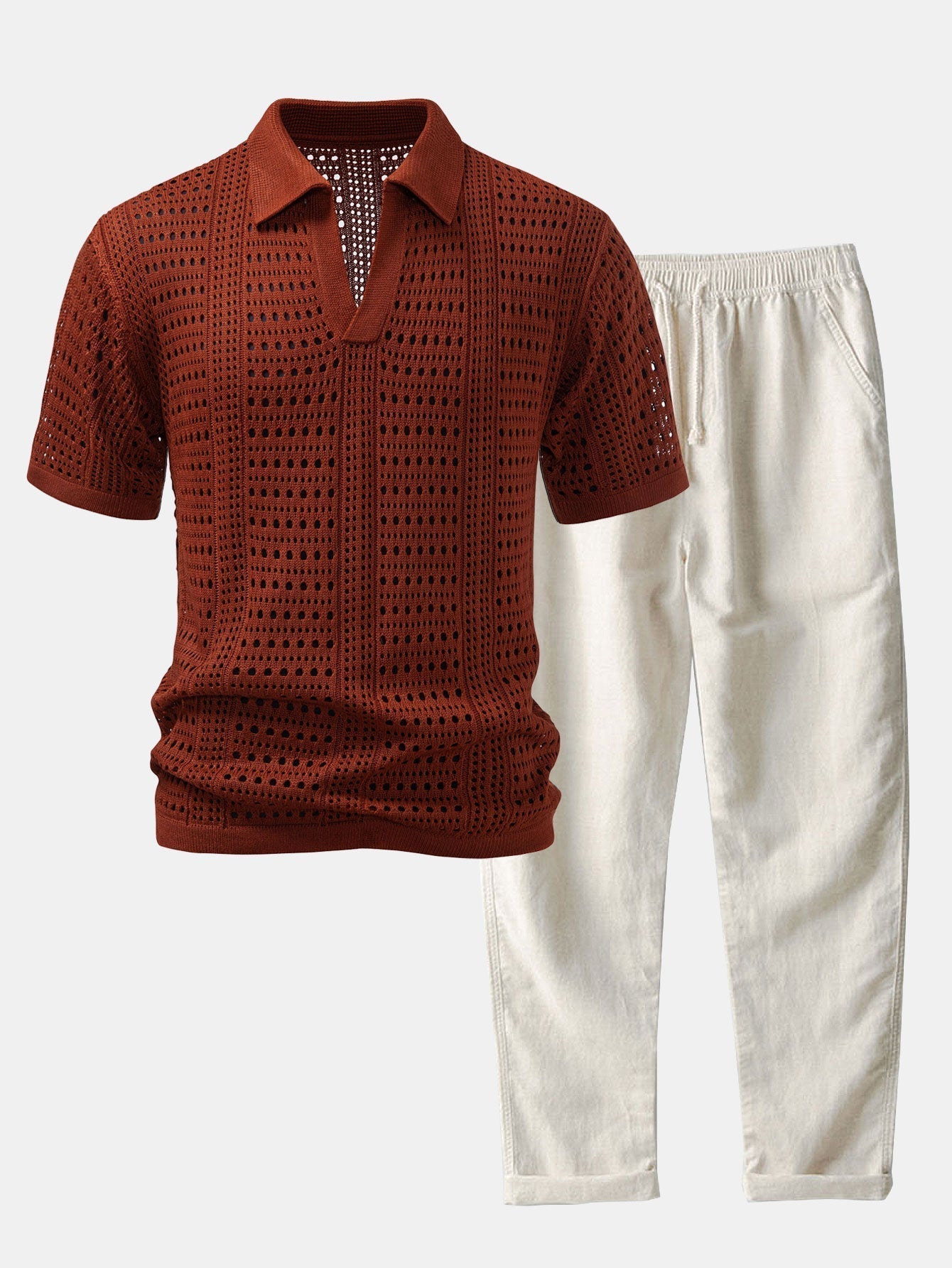 Men's Crochet V-Neck Polo & Straight Linen Pants Set