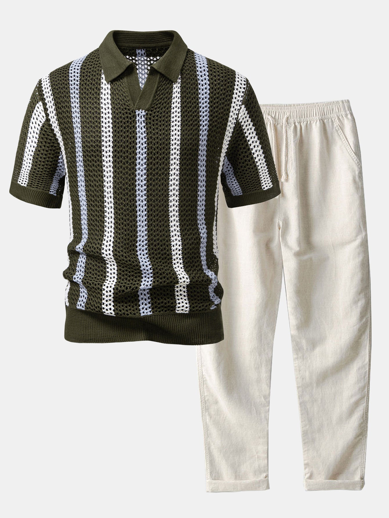 Men's Crochet Polo & Straight Linen Pants Set