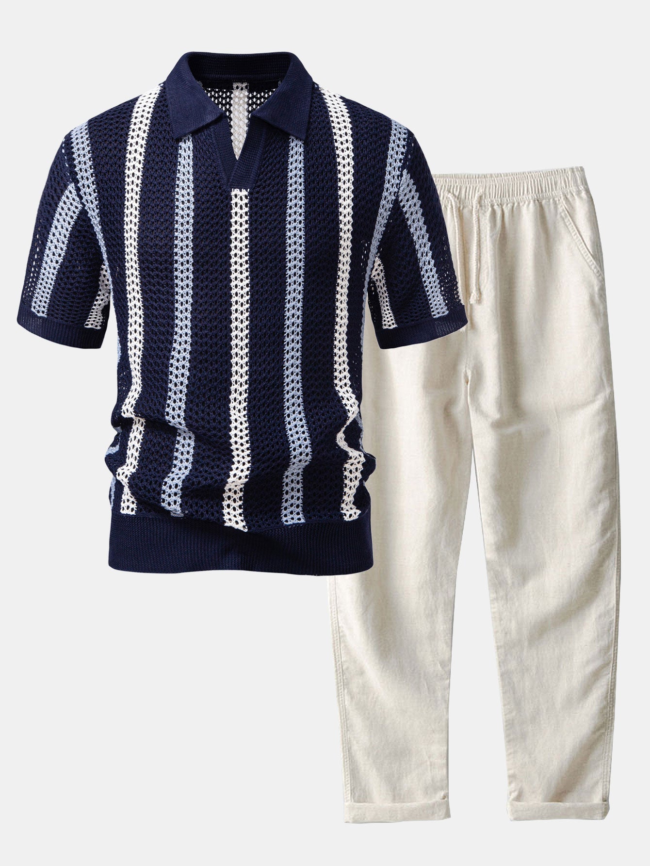 Men's Crochet Polo & Straight Linen Pants Set