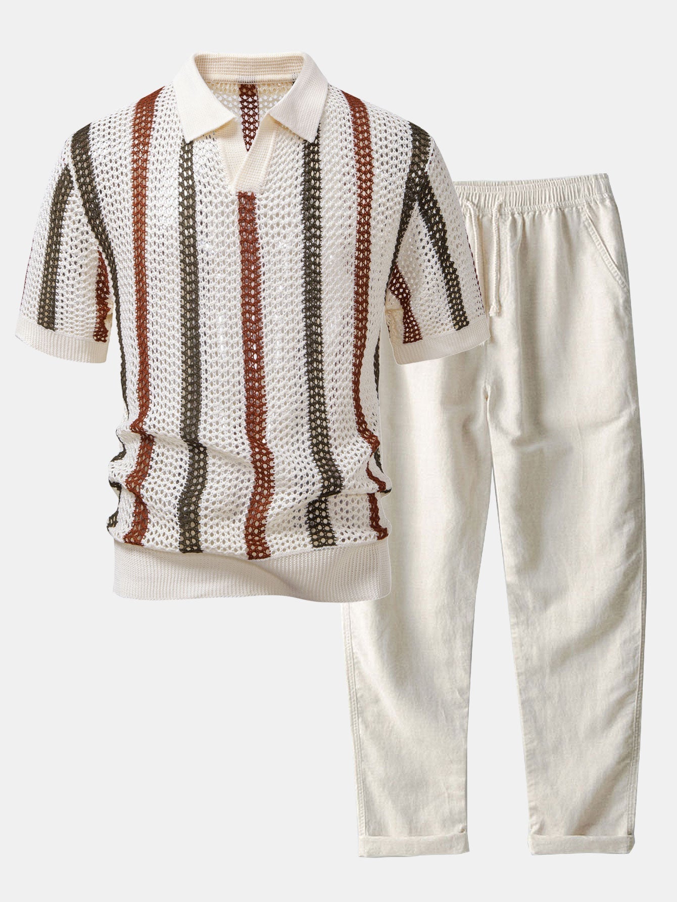 Men's Crochet Polo & Straight Linen Pants Set